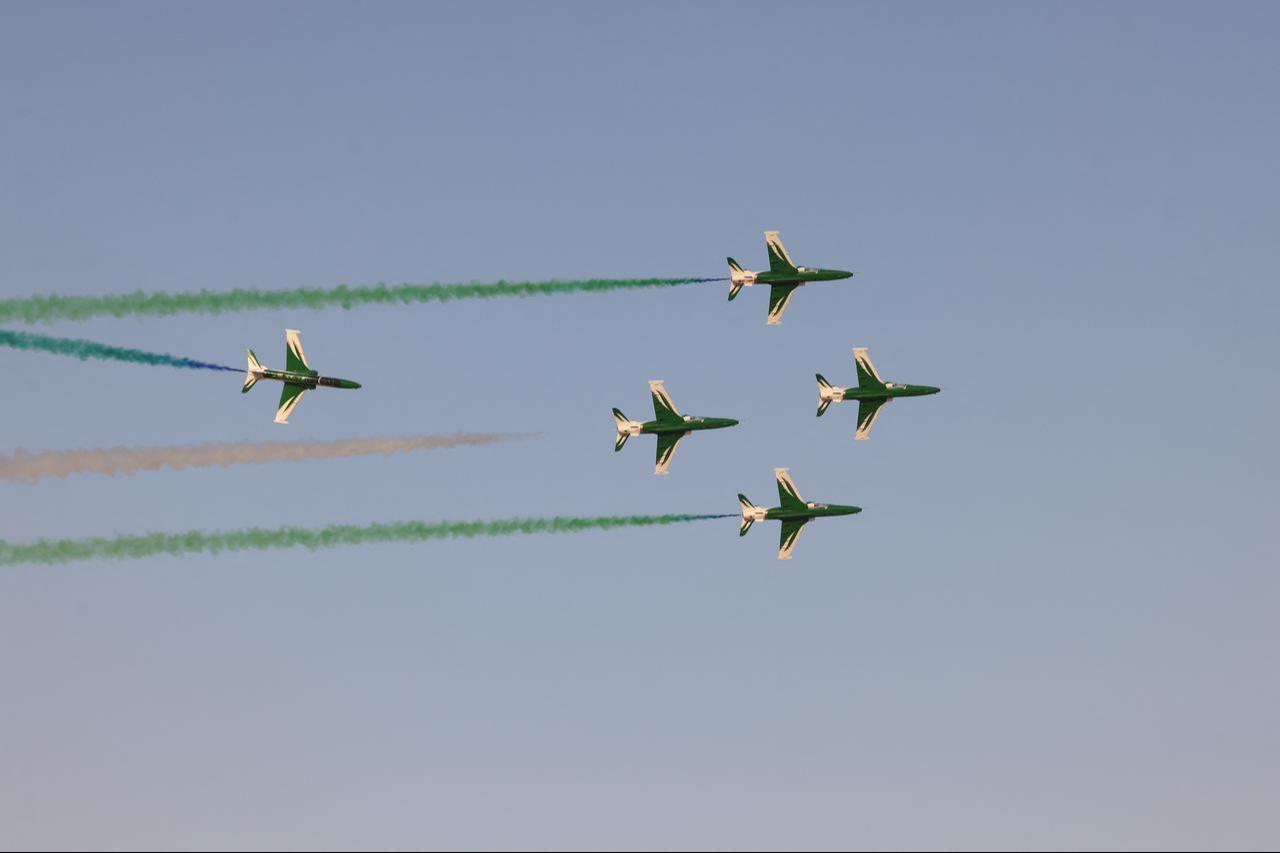 The Saudi Falcons aerobatic team performs during a military parade marking the 96th Saudi National Day in Riyadh on September 22, 2026. (AFP Photo)