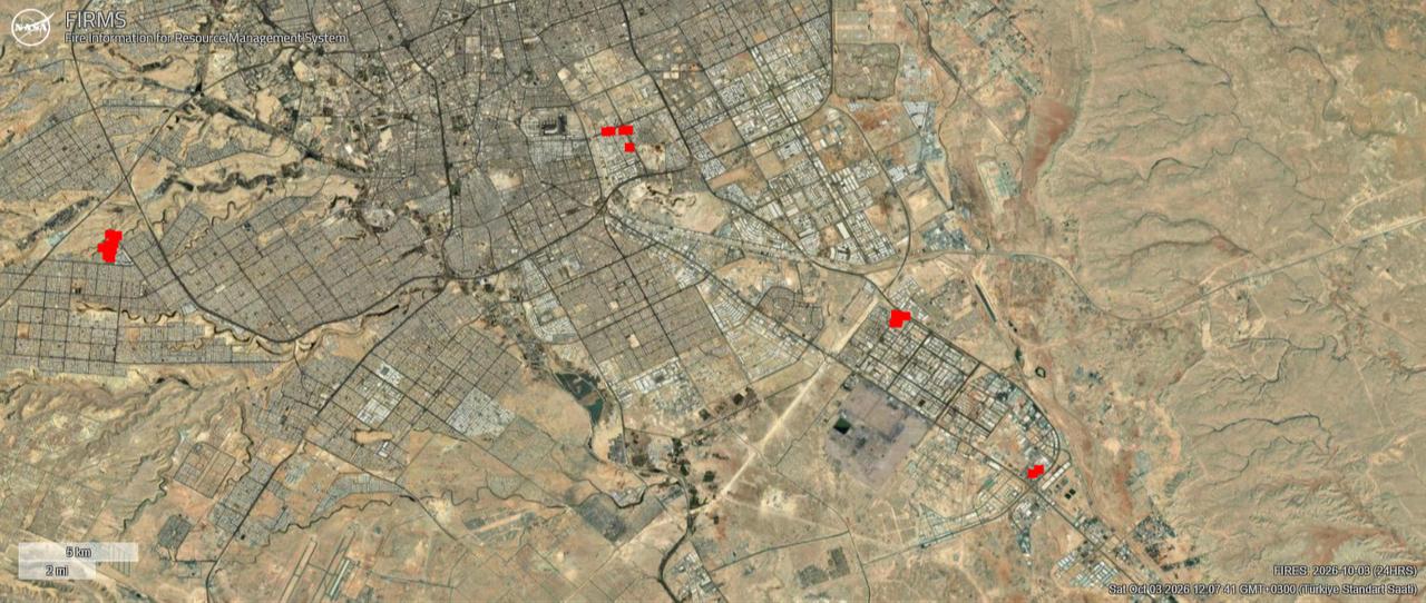 The satellite image shows active fires in Riyadh, Saudi Arabia's capital, on Oct. 3, 2026. (Photo via firms.modaps.eosdis.nasa.gov)
