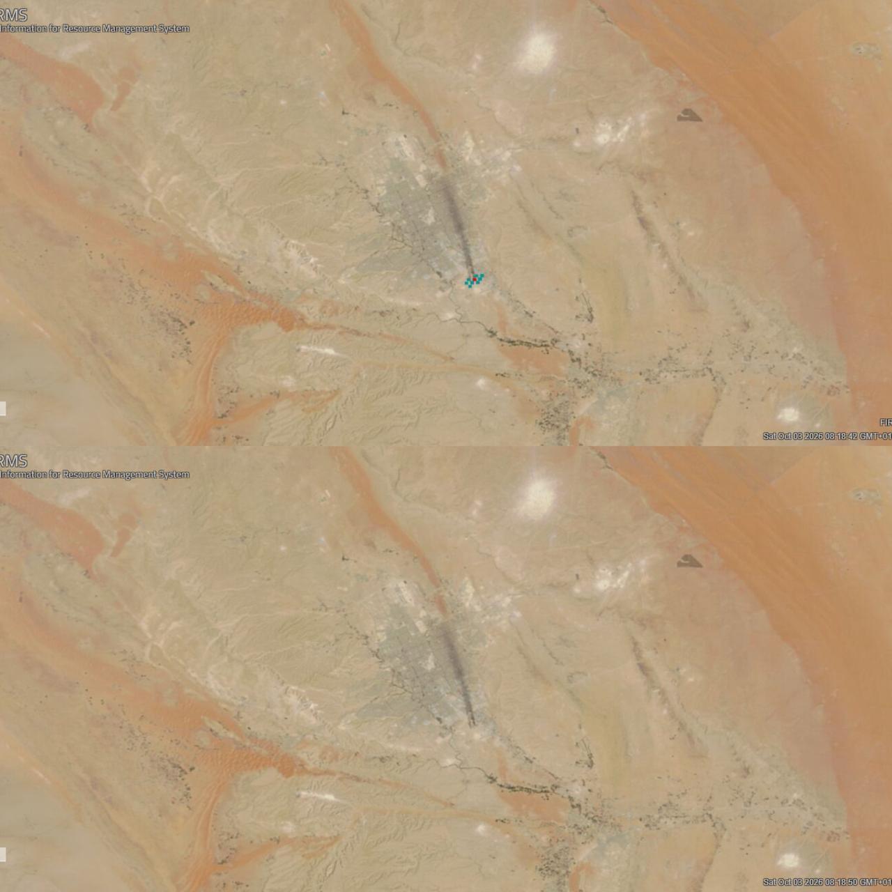 The satellite image shows the Saudi Aramco Riyadh Refinery with thick smoke rising toward northern Riyadh, Saudi Arabia, in NASA Terra imagery. (Photo via X)