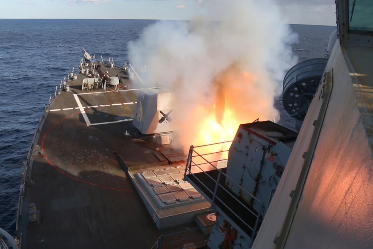 Arleigh Burke-class guided-missile destroyer USS Spruance (DDG 111) firing Tomahawk Land Attack Missiles, Feb. 28, 2026. (Photo by US Central Command)