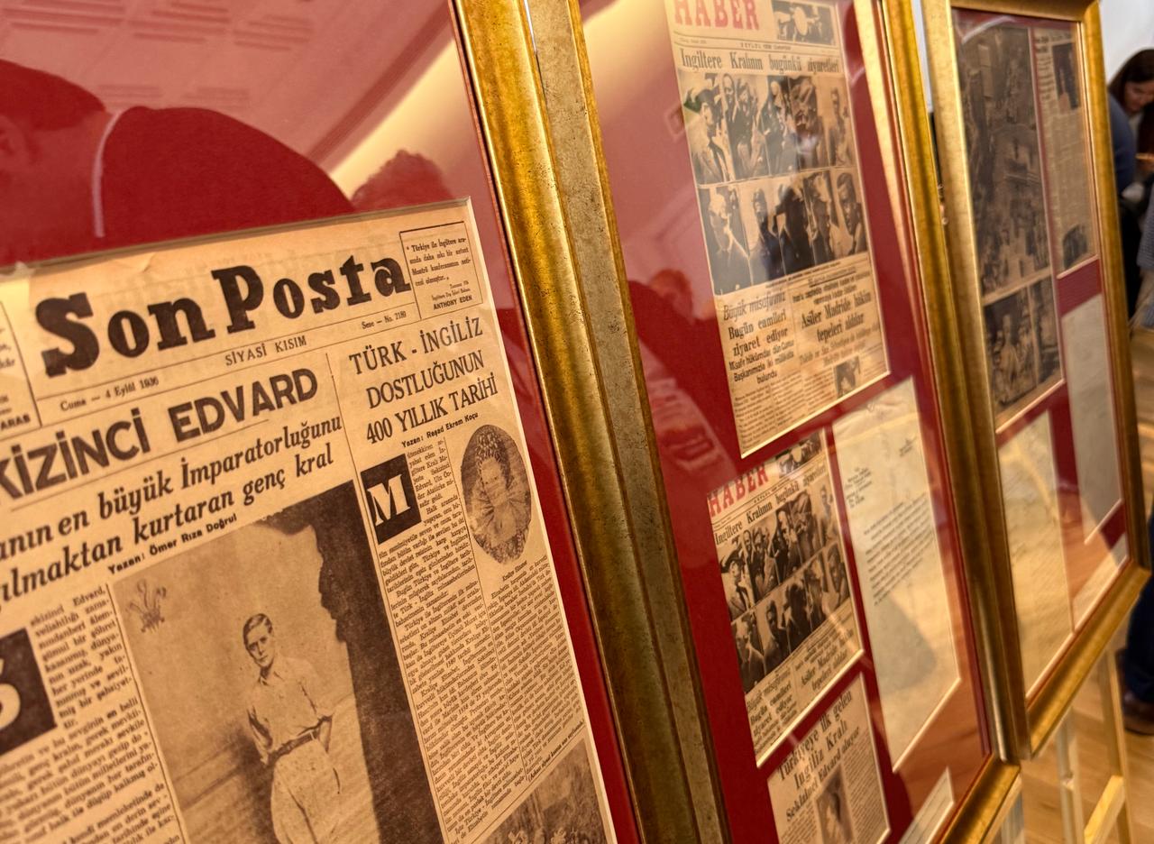 Historical Turkish newspaper clippings documenting Turkish-British relations are displayed as part of the "Pages Opening to Friendship" exhibition in London. (Photo via Ozgenur Reyhan Guler's Archive)