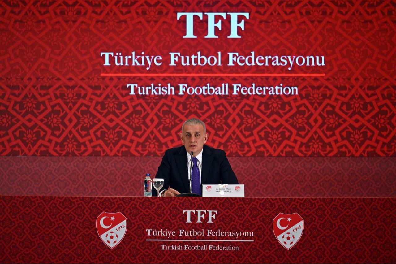 Ibrahim Haciosmanoglu, President of the Turkish Football Federation (TFF), holds a press conference on current developments at the TFF Hasan Dogan National Teams Camp and Training Facilities, Orhan Saka Conference Hall in Istanbul, Türkiye, November 24, 2025. (AA Photo)