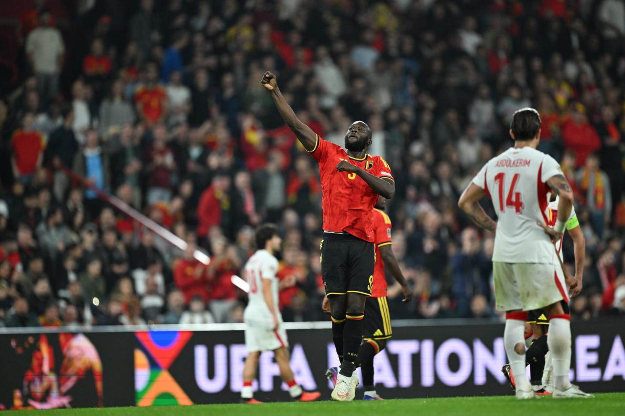 Romelu Lukaku (9) of Belgium celebrates after scoring a goal during the UEFA Nations League A match between Belgium and Turkiye at Maurice Dufrasne Stadium in Liege, Belgium, October 02, 2026. (AA Photo)