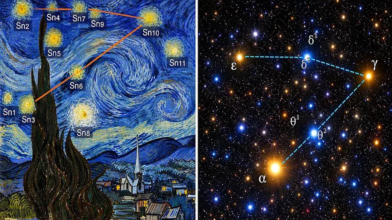 A comparison of Van Gogh’s The Starry Night (1889) and the Hyades star cluster reveals striking similarities in the positions of five stars. (Photo via Scientific Reports 2026)