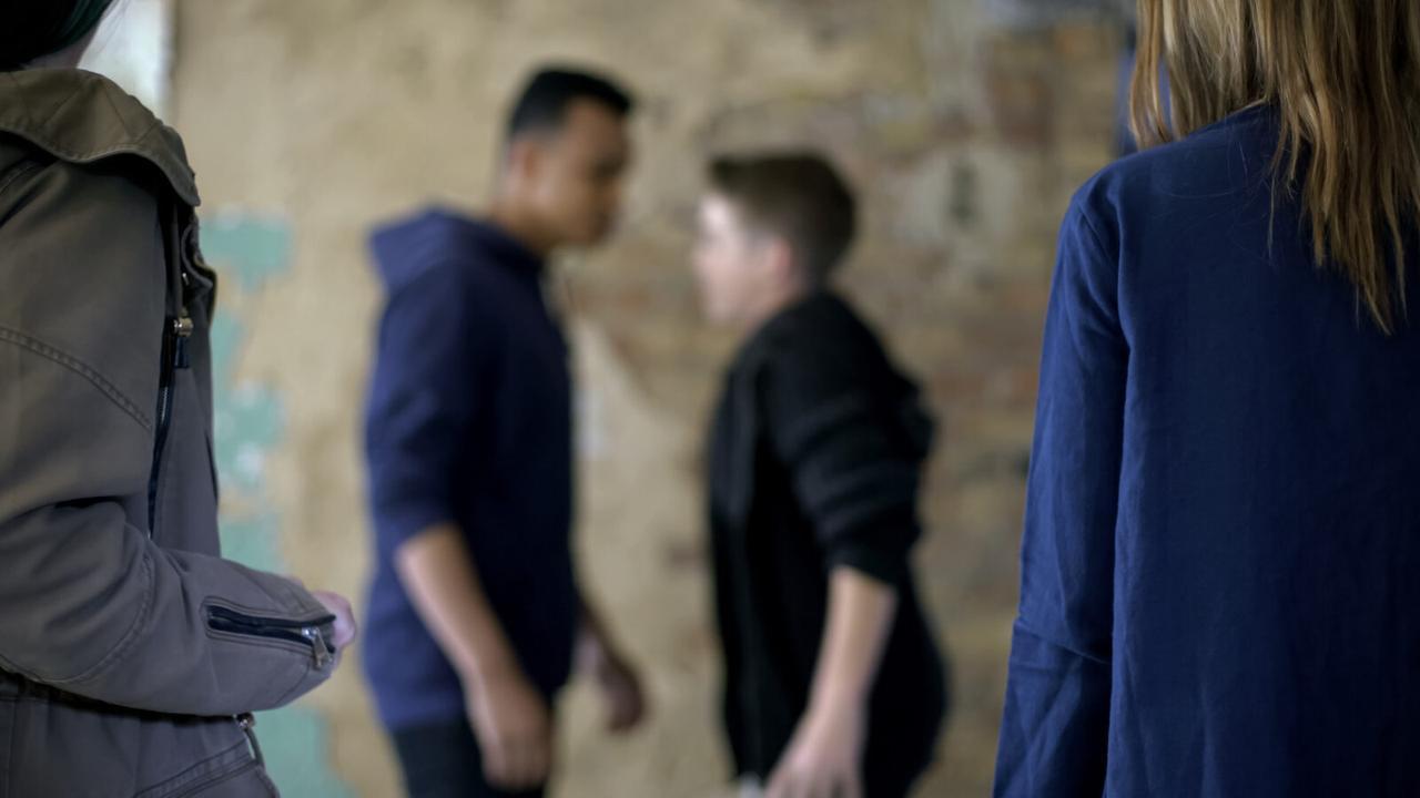 A group of teenage boys involved in a fight, displaying bullying and self-defense actions. (Adobe Stock Photo)