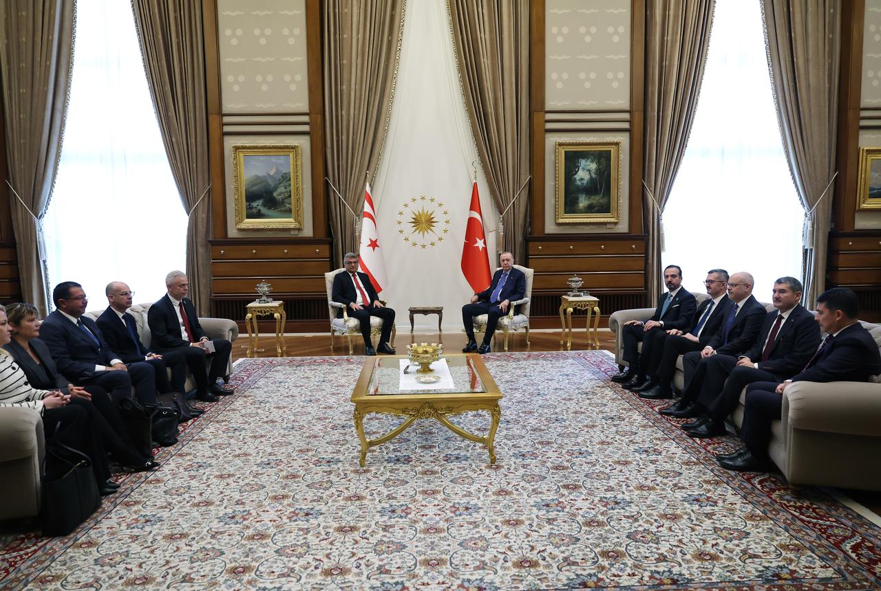 Turkish President Recep Tayyip Erdogan meets with President of the Turkish Republic of Northern Cyprus (TRNC) Tufan Erhurman at the Presidential Complex on the sidelines of the 13th Summit of the Council of Heads of State of the Organization of Turkic States (OTS) in Ankara, Türkiye, Oct. 30, 2026. (Photo by TUR Presidency / Handout / AA)