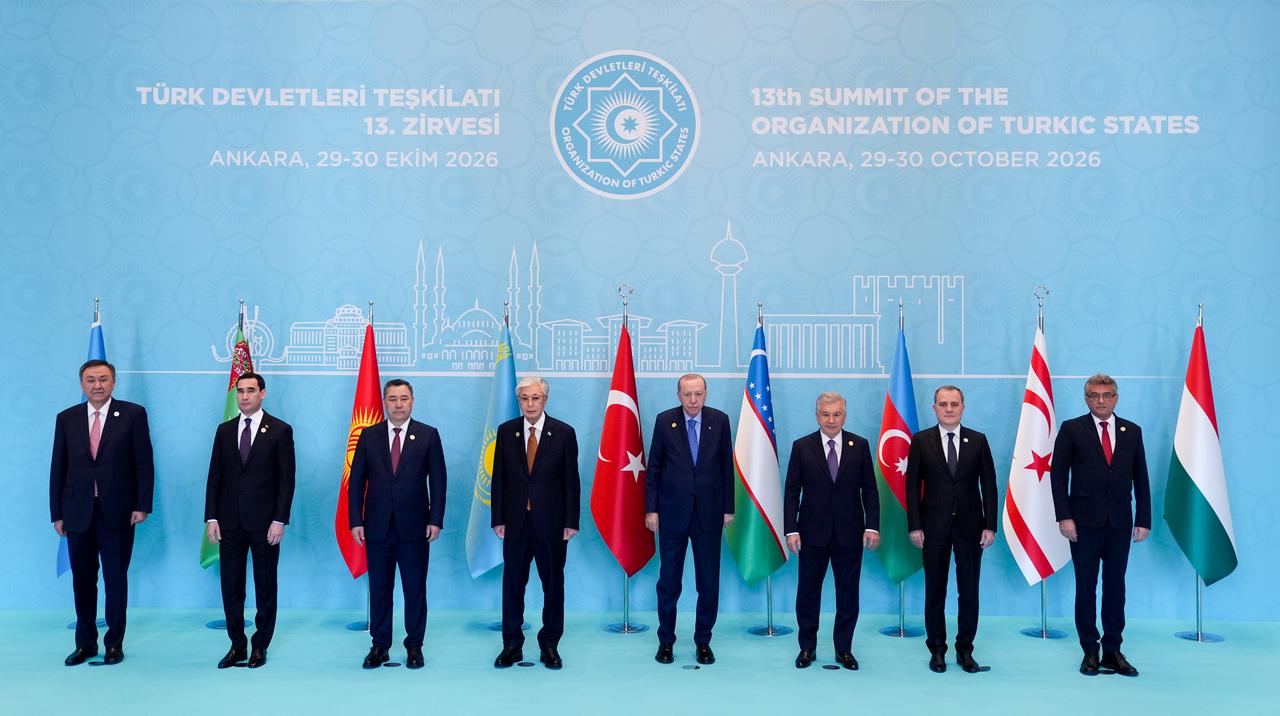Leaders of the Organization of Turkic States pose for a family photo ahead of the 13th Summit of the Council of Heads of State of the Organization of Turkic States at the Presidential Complex in Ankara, Türkiye, on Oct. 30, 2026. (AA Photo)