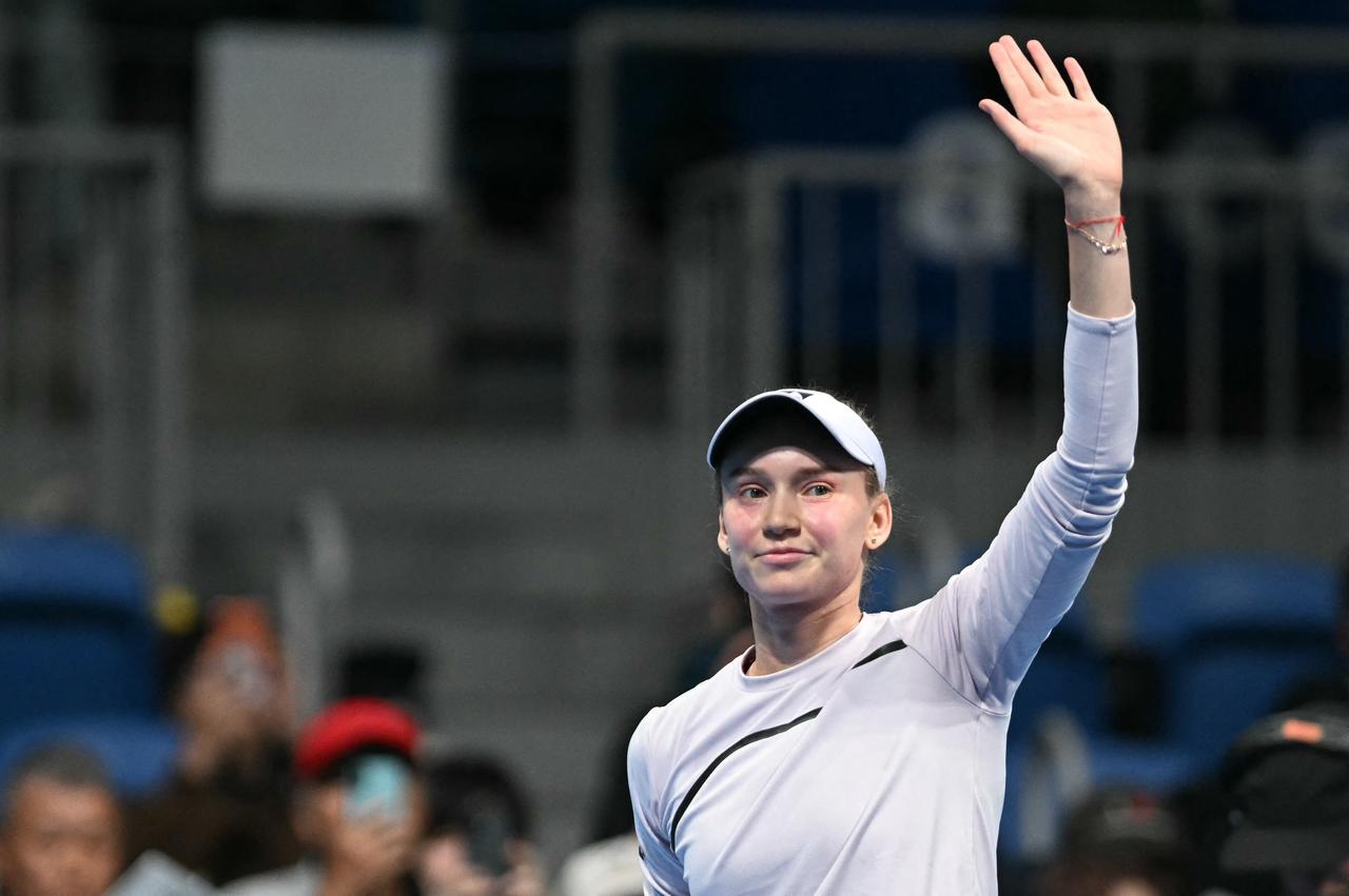 Kazakhstan's Elena Rybakina celebrates after beating Kazakhstan's Yulia Putintseva during the WTA Pan Pacific Open tennis tournament at Ariake Coliseum in Tokyo on Oct. 29, 2026. (AFP Photo)
