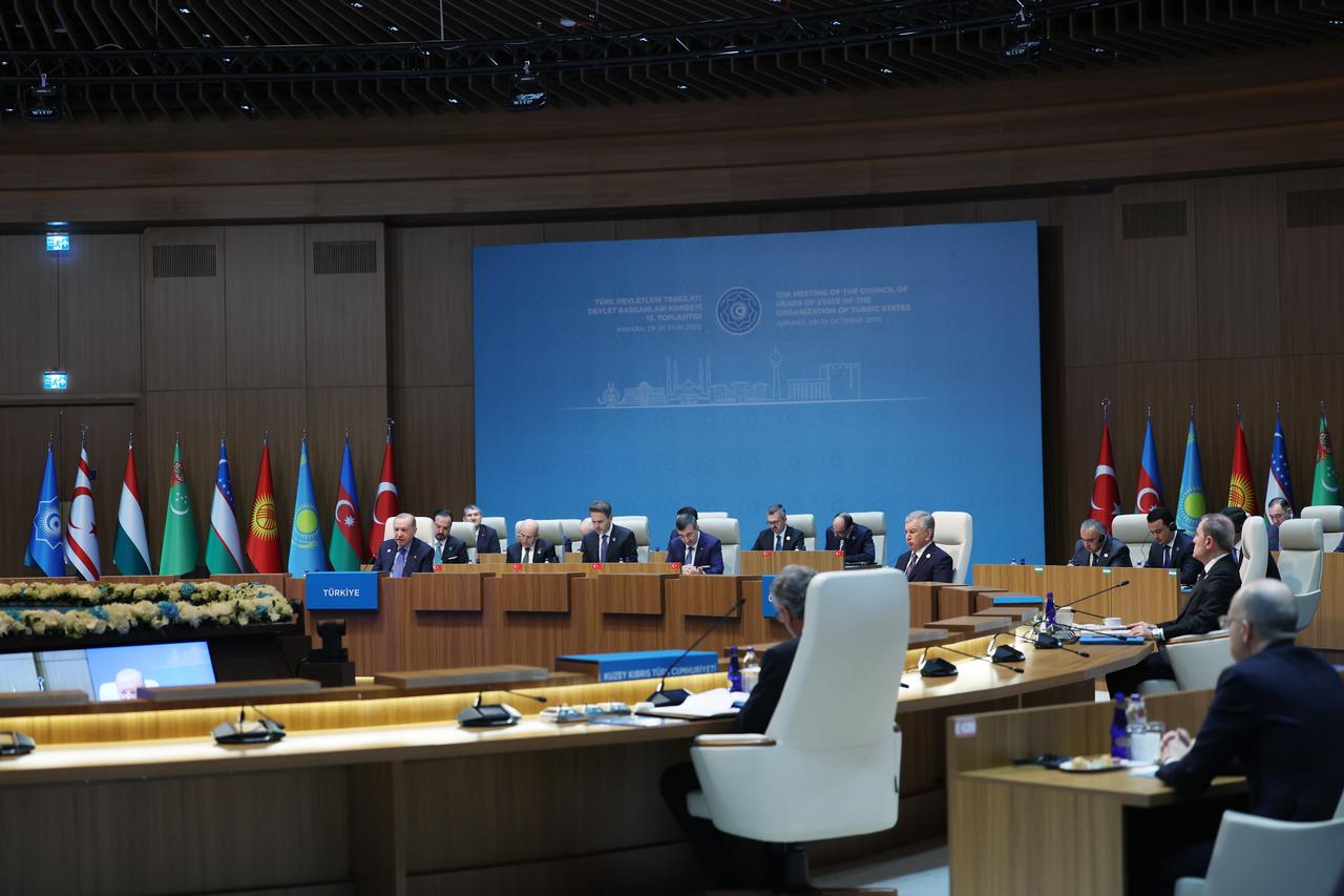 Turkish President Recep Tayyip Erdogan gives a speech during the 13th Summit of the Council of Heads of State of the Organization of Turkic States at the Presidential Complex in Ankara, Turkiye, on October 30, 2026. (TUR Presidency / AA Photo)