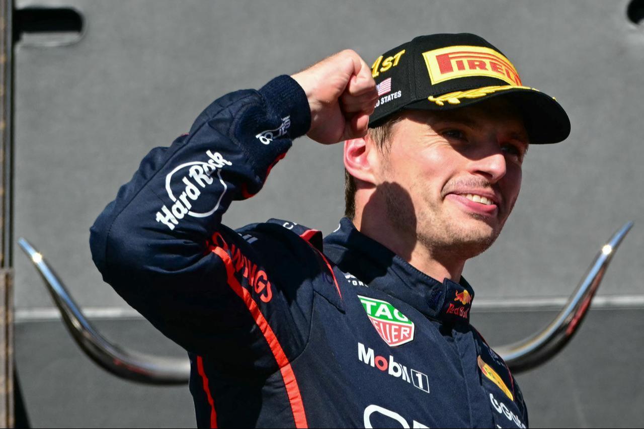 Red Bull Racings Dutch driver Max Verstappen celebrates on the podium after winning the United States Formula One Grand Prix at the Circuit of the Americas in Austin, Texas, on Oct. 19, 2025. (AFP Photo)