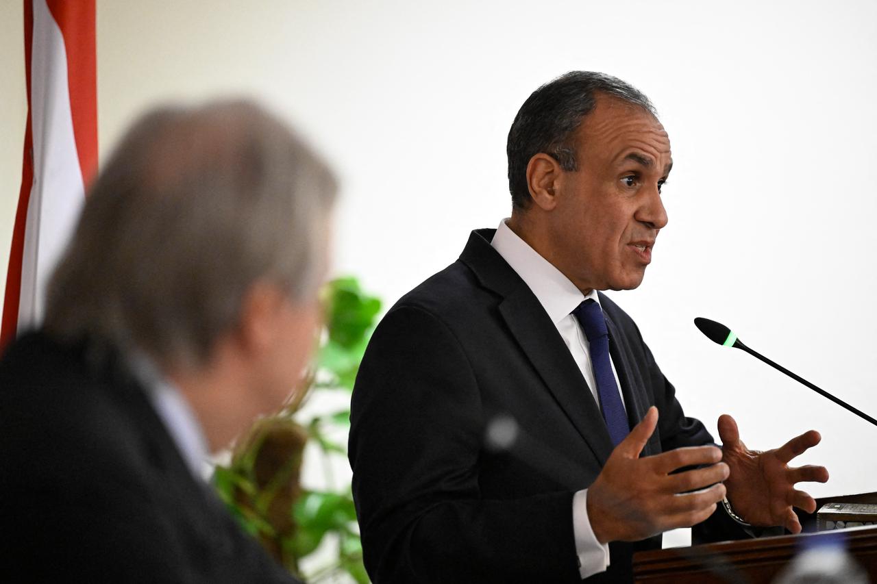 UN Secretary-General Antonio Guterres (L) and Egypt's Foreign Minister Badr Abdelatty hold a news conference following their meeting in the New Administrative Capital on October 26, 2026. (AFP Photo)