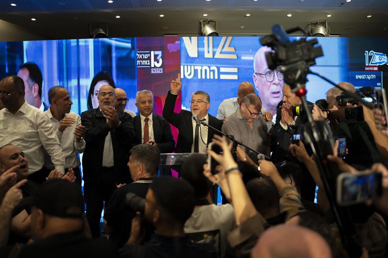 Yousef Jabareen, leader of the Joint List party, delivers a speech as supporters celebrate after the exit polls announcement following the closing of poll stations for the Israeli general election, at the Joint List headquarters in Nasserah, Israel on October 27, 2026. (AA Photo)