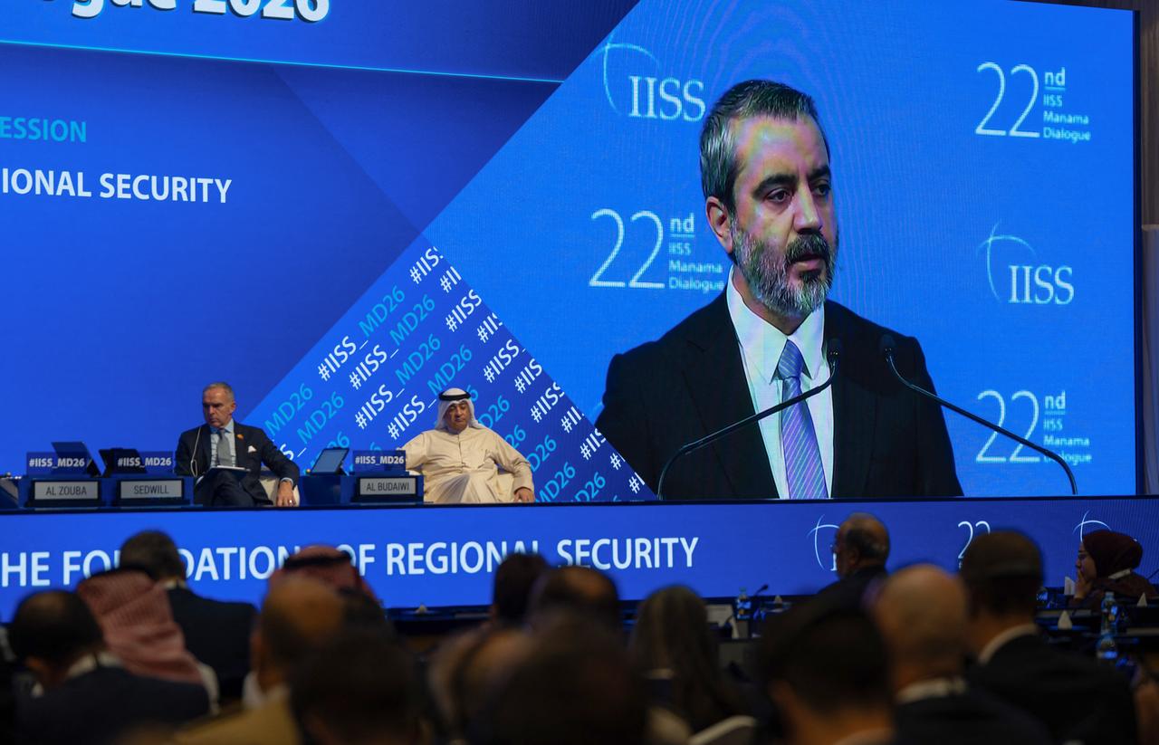 Syria's Foreign Minister Asaad Shaibani speaks during a plenary session of the International Institute for Strategic Studies (IISS) Manama Dialogue 2026 in Manama on October 31, 2026. (AFP Photo)