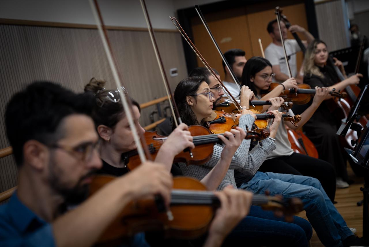 Musicians from Ankara Music and Fine Arts University rehearse with string instruments as part of a new orchestra bringing Turkish and Western musical traditions together, Ankara, Türkiye, Oct. 4, 2026. (AA Photo)