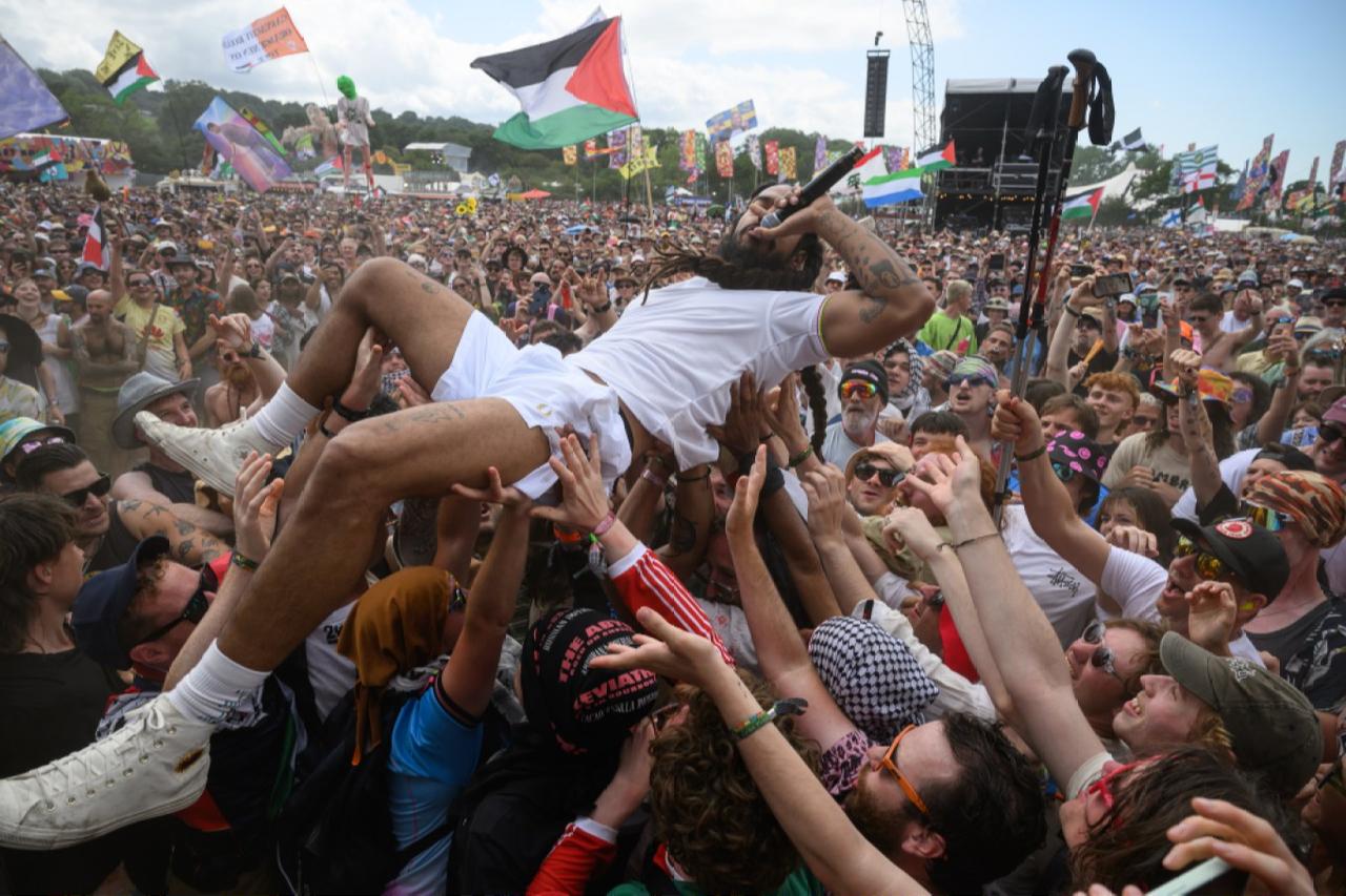 Bobby Vylan of British duo Bob Vylan crowd surfing while performing on the West Holts Stage on the fourth day of the Glastonbury festival at Worthy Farm in the village of Pilton in Somerset, south-west England,, June 28, 2025. (AFP Photo)
