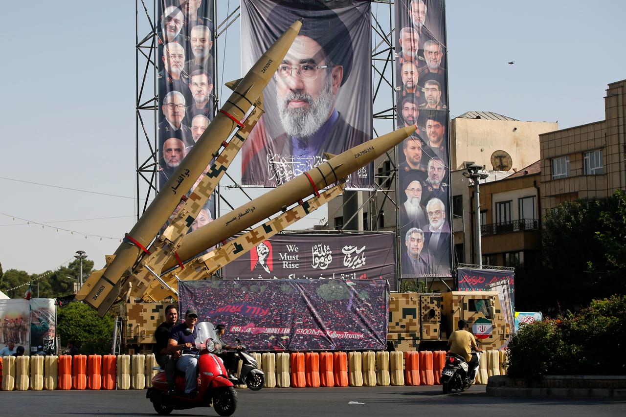 Ballistic missiles, air defense systems and unmanned aerial vehicles are displayed at Baharestan Square as part of Iran's "Sacred Defense Week" amid ongoing tensions in Tehran, Iran, on September 29, 2026. (AA Photo)