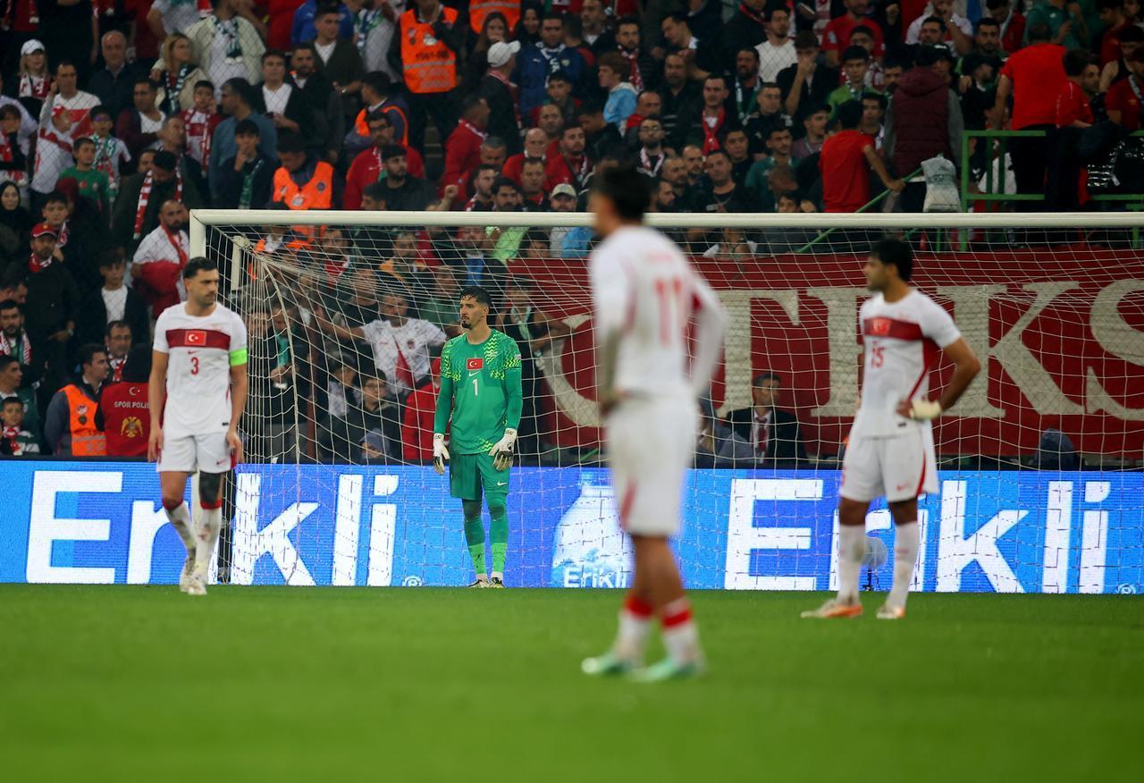 Players of Türkiye react after Italy scores a goal during the UEFA Nations League A Group 1 match between Türkiye and Italy at Yuzuncu Yil Ataturk Stadium in Bursa, Türkiye on September 28, 2026. (AA Photo)