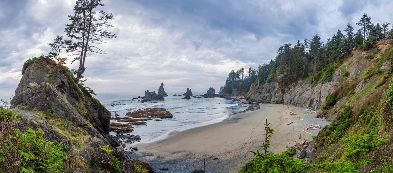 A rocky, forested coastline stretches along the Pacific Ocean under cloudy skies. (Adobe Stock Photo)