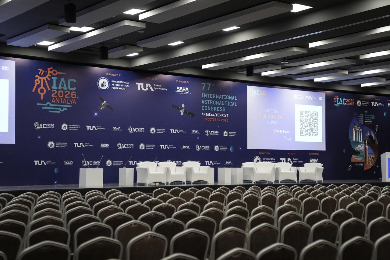 The main stage and conference hall are prepared ahead of the 77th International Astronautical Congress in Antalya, Türkiye, Oct. 4, 2026. (AA Photo)