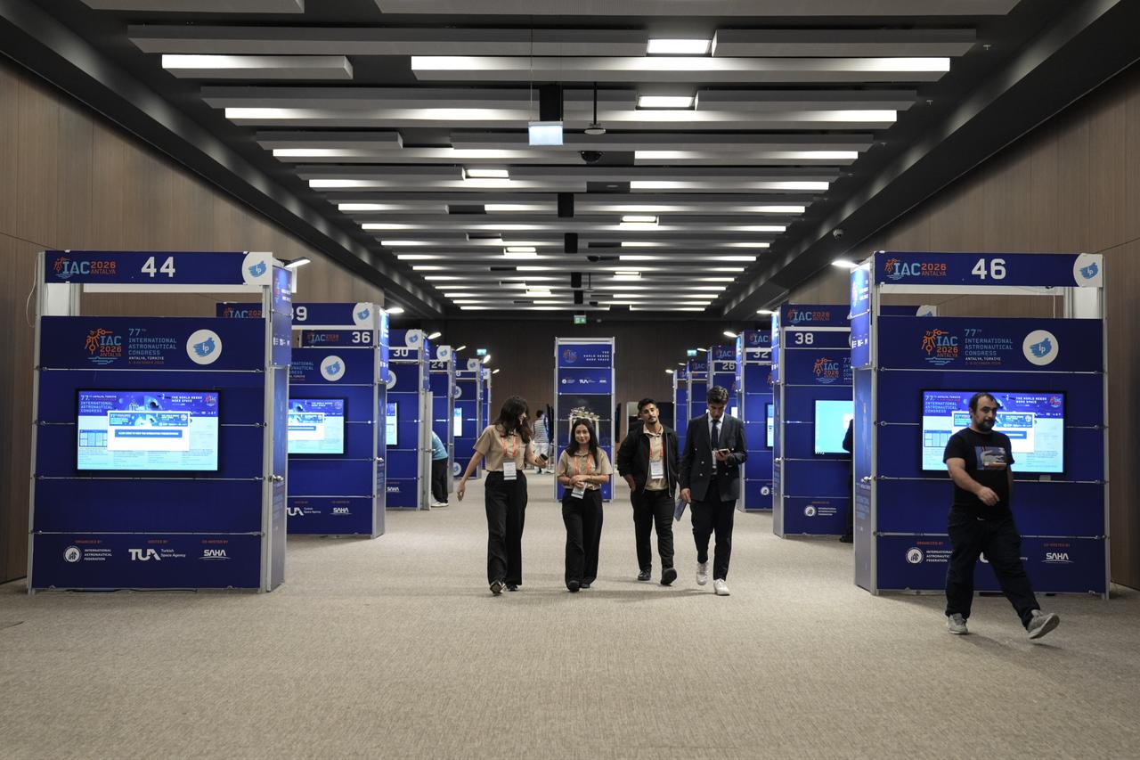 Exhibition booths stand ready ahead of the 77th International Astronautical Congress in Antalya, Türkiye, Oct. 4, 2026. (AA Photo)