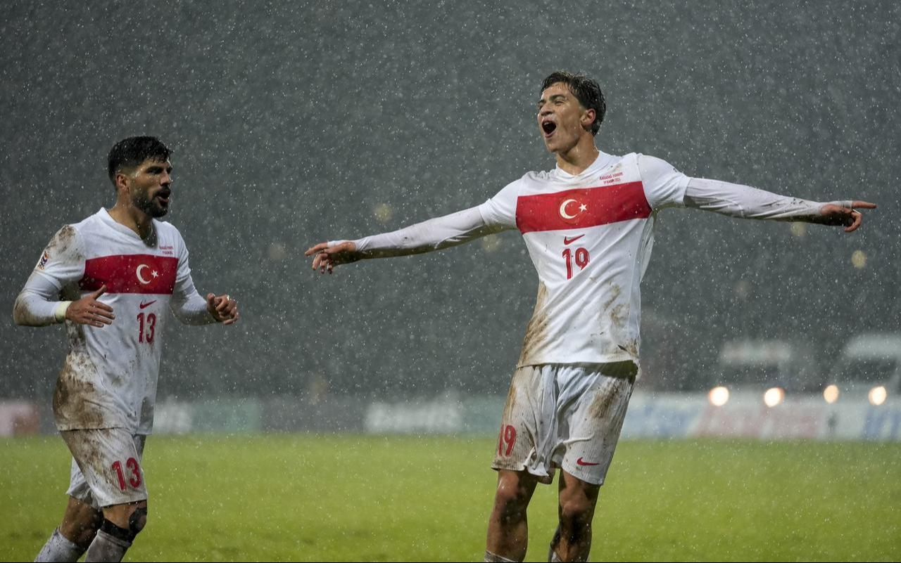 Kenan Yildiz (19) celebrates after scoring a goal during the UEFA Nations League B, Group 4 match between Montenegro and Türkiye, Montenegro, November 19, 2024. (AA Photo)