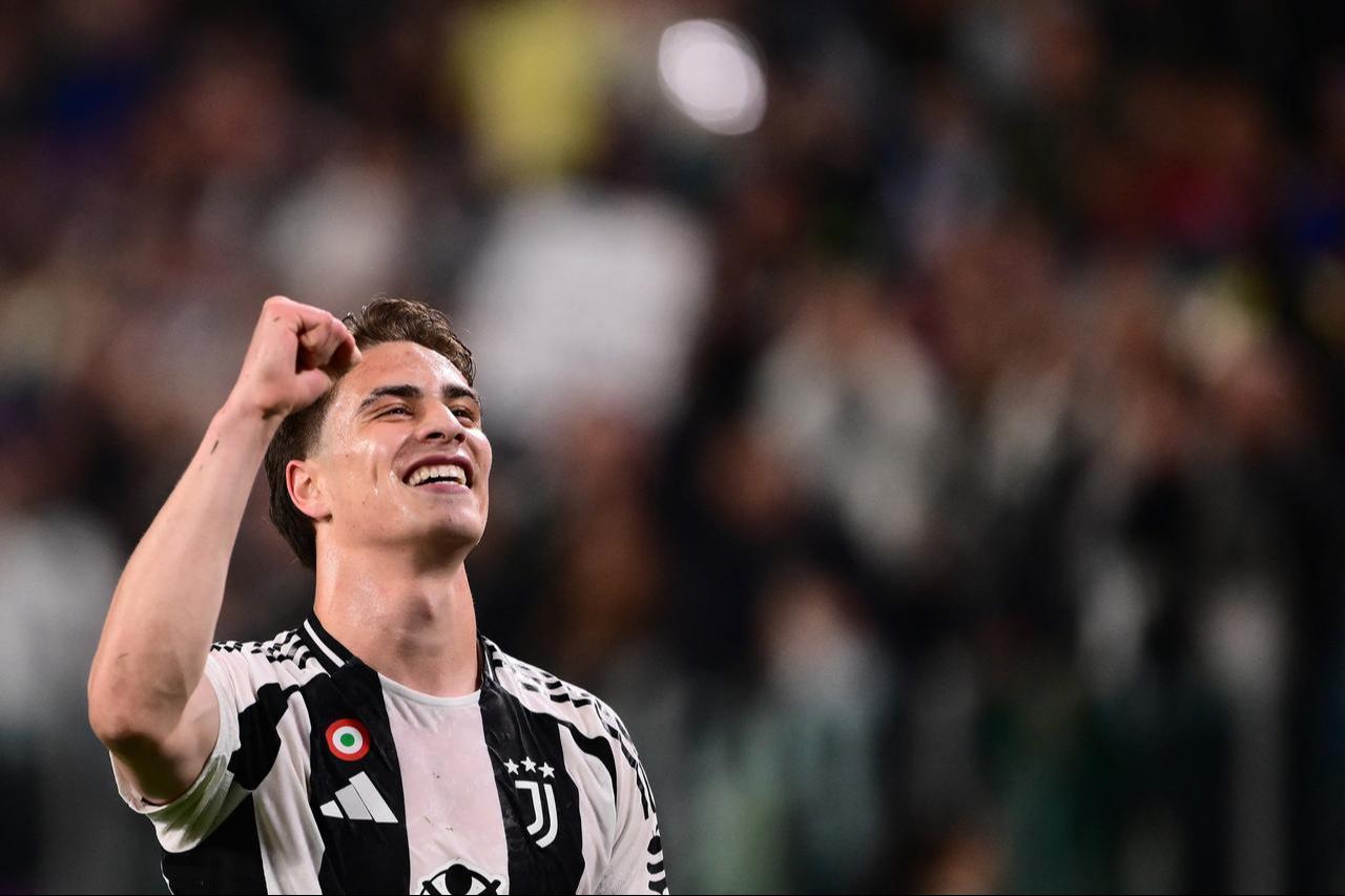 Juventus' Turkish forward #10 Kenan Yildiz celebrates after scoring a goal during the Italian Serie A football match between Juventus and Lecce at the Juventus Stadium in Turin on April 12, 2025. (AFP Photo)