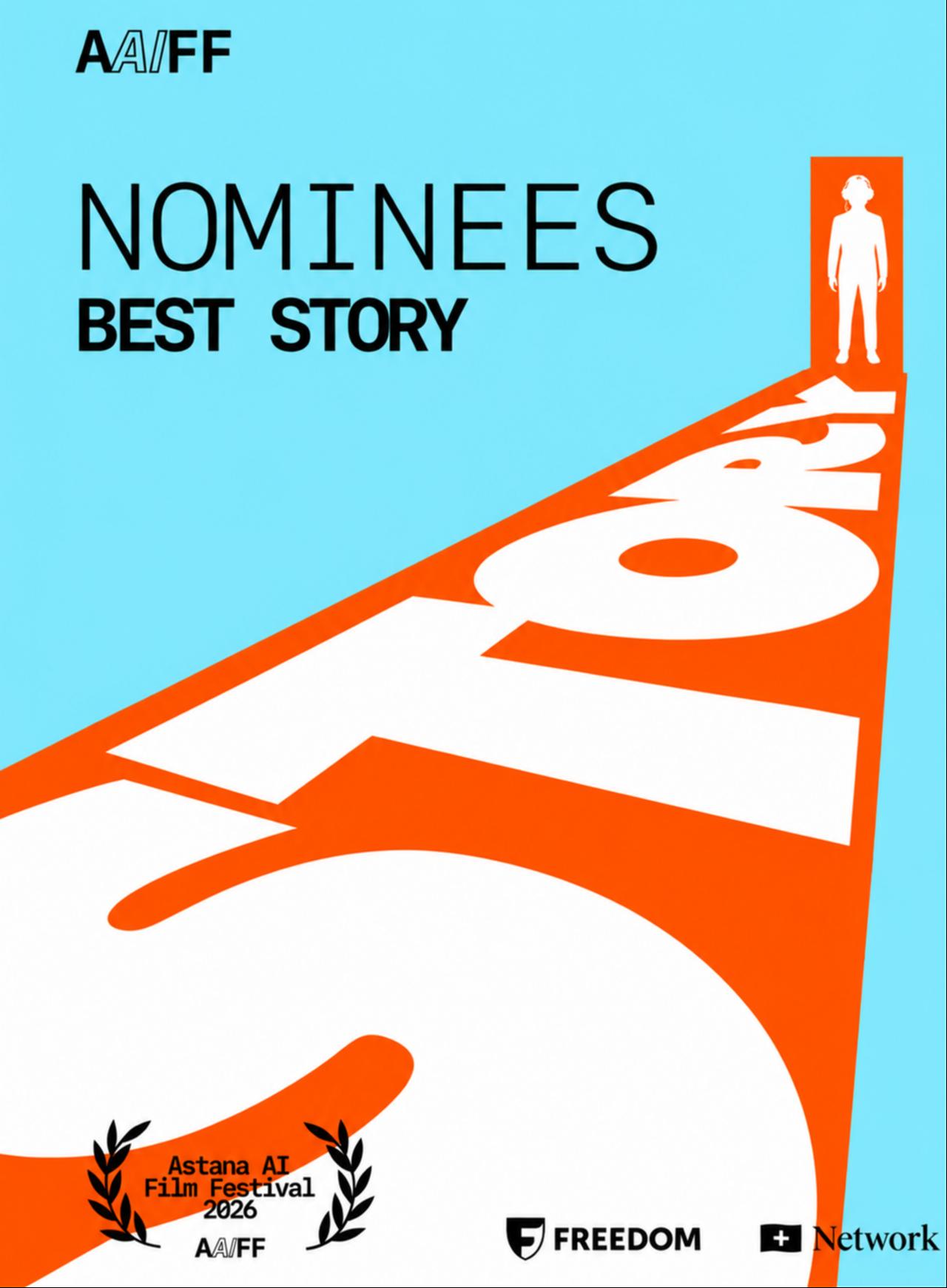 A poster announces Best Story nominees at the 2026 Astana AI Film Festival in Astana, Kazakhstan. (Photo via Astana AI Film Festival)