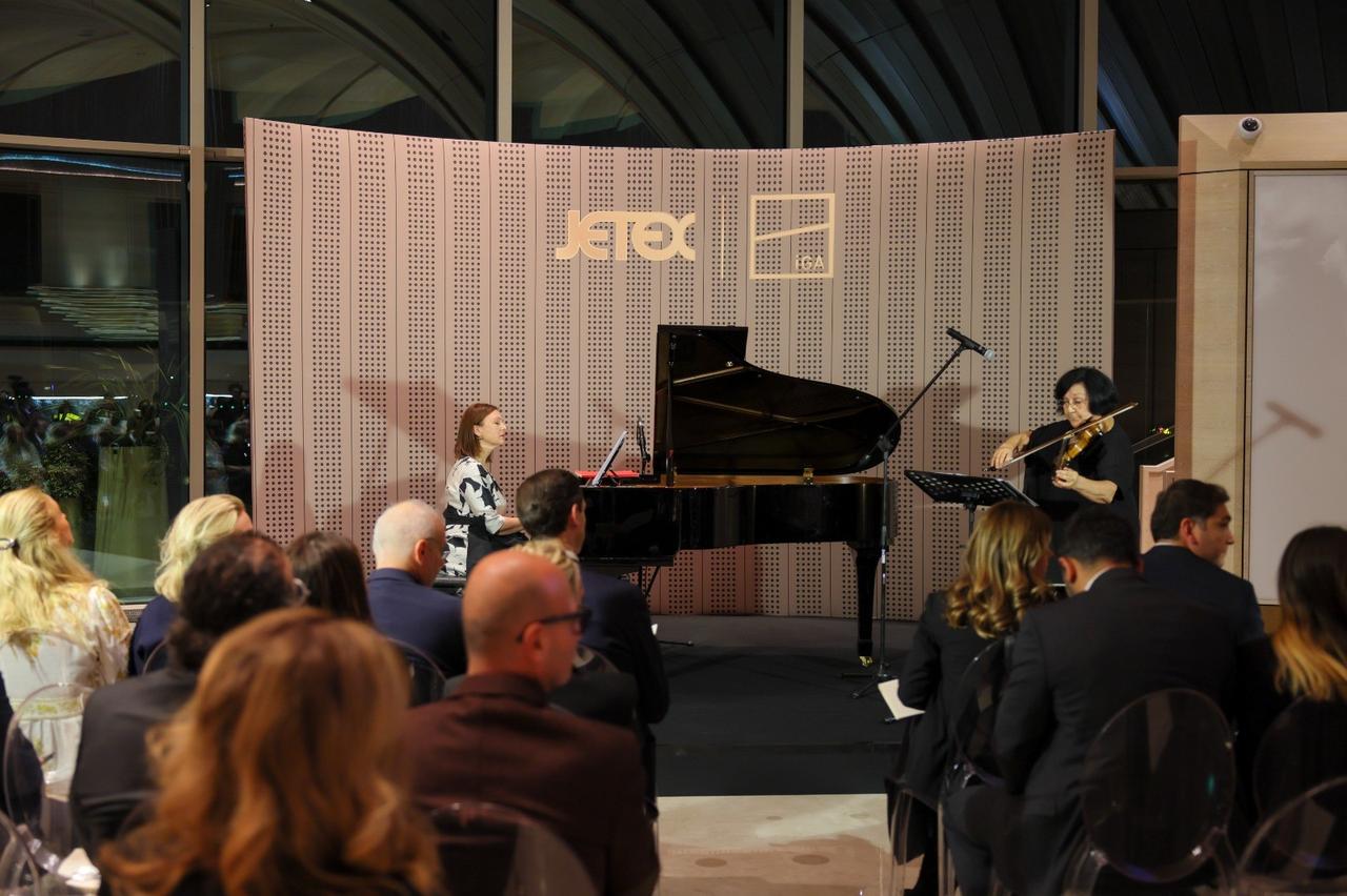 Violinist Nina Patrikidou performs alongside pianist Evgenia Votanopoulou during a special concert featuring Mozart's historic "Costa" violin at the JETEX-IGA Terminal in Istanbul, Türkiye, Oct. 3, 2026. (IHA Photo)