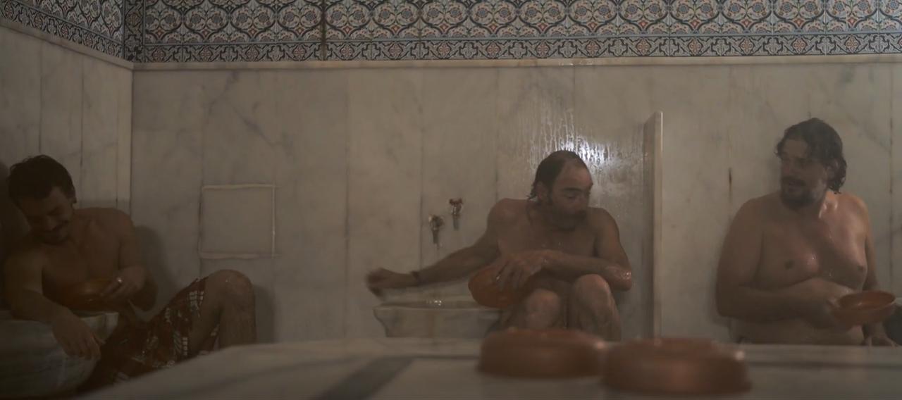 The protagonists of "A Bicyclette!" sit inside a traditional Turkish hamam during the Istanbul leg of their journey. (Image via M.E.S. Productions, F Comme Film)