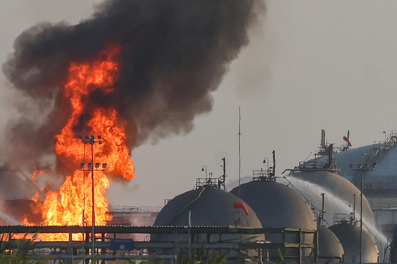 Flames burn at a facility belonging to Saudi oil giant Aramco south of Riyadh on October 3, 2026. (AFP Photo)