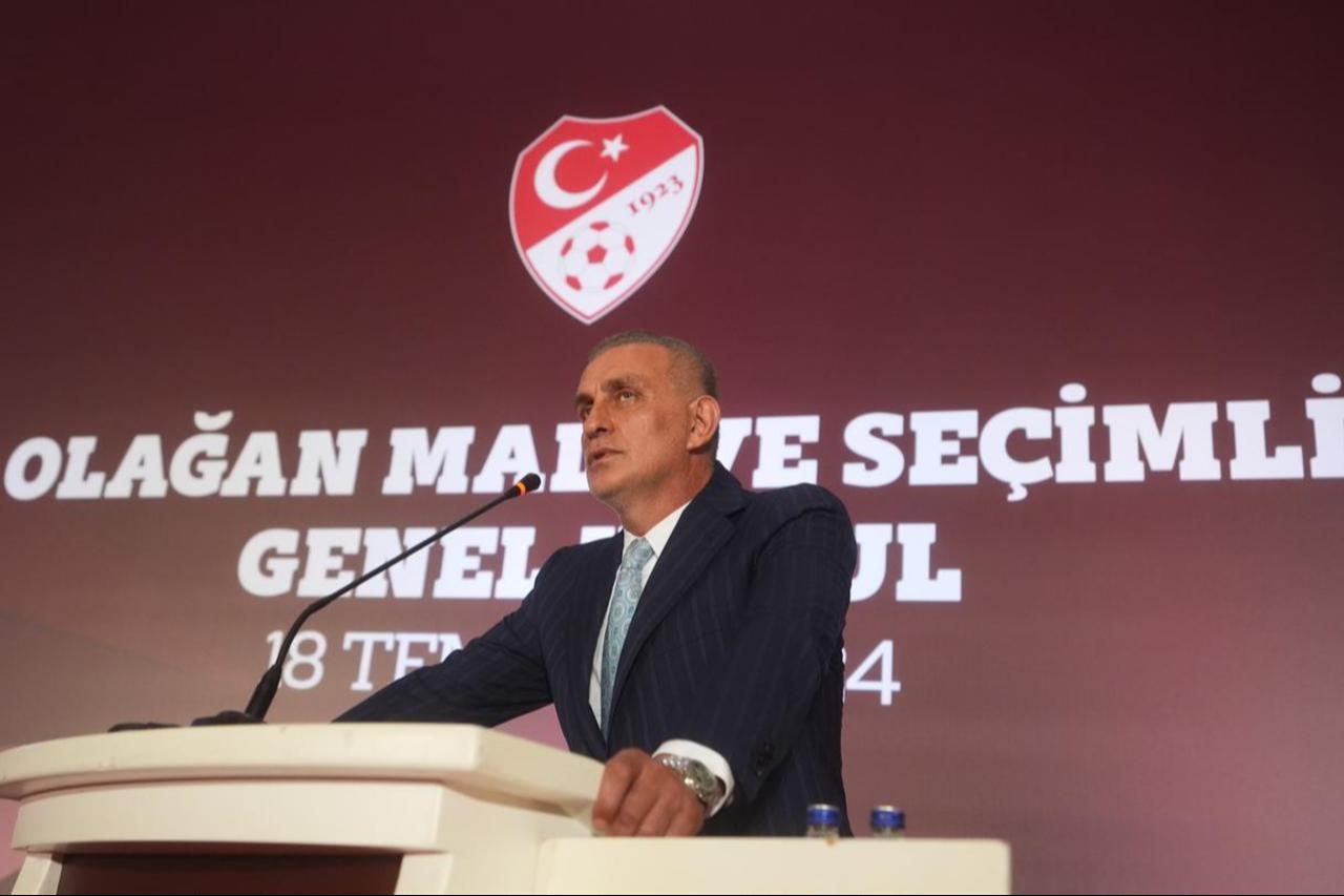 Ibrahim Haciosmanoglu, who won the presidency at the Ordinary Financial and Electoral General Assembly of the Turkish Football Federation (TFF) gave speech,  Ankara, Türkiye June 18, 2024 (AA Photo)