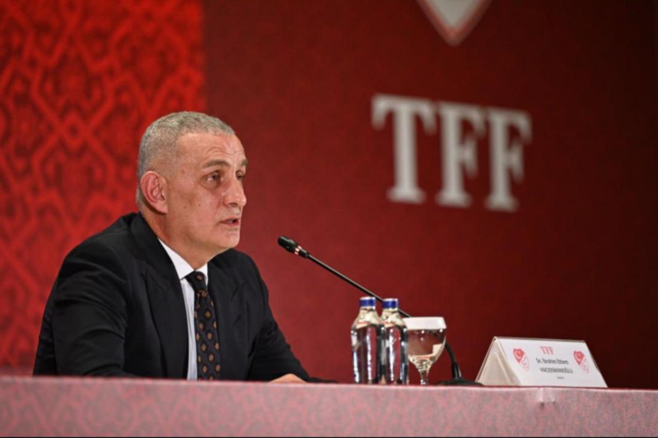 Turkish Football Federation (TFF) President Ibrahim Haciosmanoglu speaks at a press conference at TFF’s headquarters in Istanbul, Türkiye, October 27, 2025. (AA Photo)
