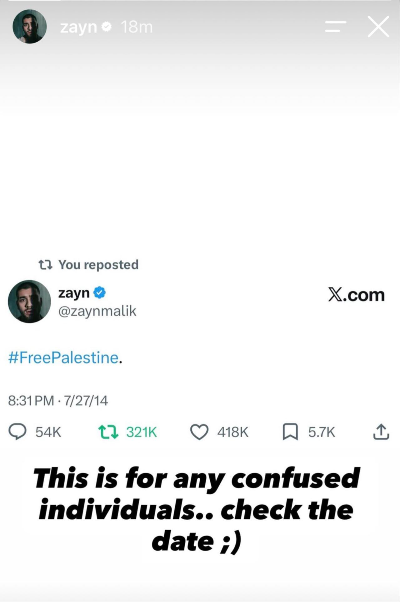 A screenshot of Zayn Malik's Instagram story shows a 2014 tweet. (Photo via Instagram/@zayn)