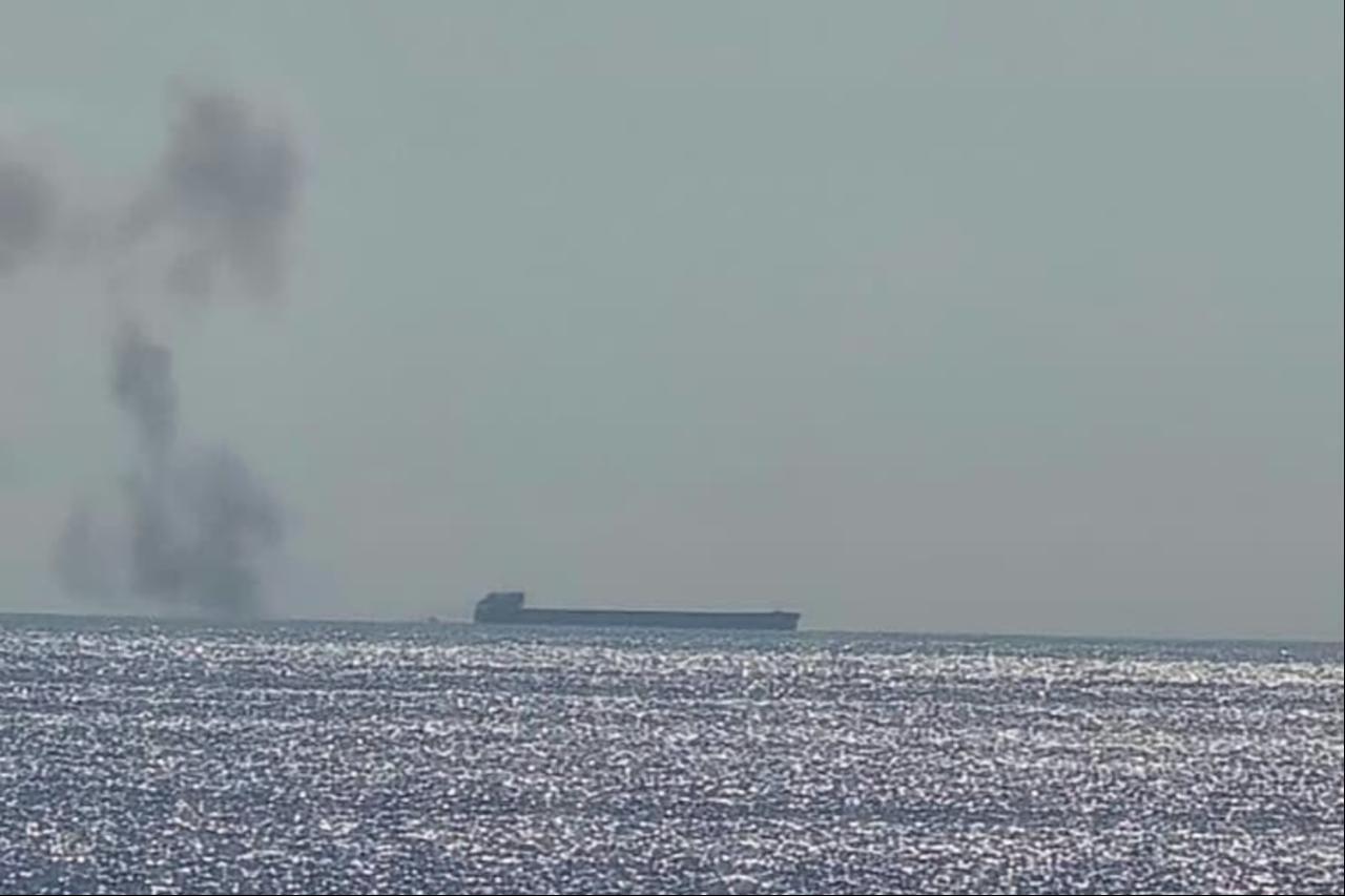 The photo reportedly shows the Turkish-owned cargo ship Royad Mammadov after a fire broke out, with some reports claiming it was targeted by a drone, off Romania, on Oct. 5, 2026. (Photo via Social Media)