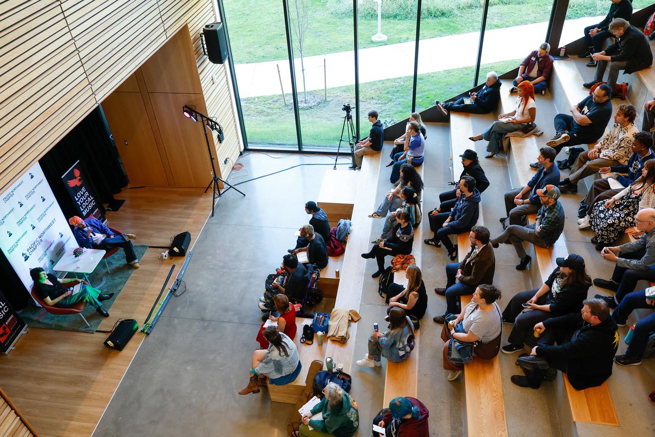 Attendees listen to a panel discussion during the 8th annual Shoreline Music Summit at Shoreline Community College’s Bracken Building in Shoreline, Washington, Oct. 3, 2026. (AFP Photo)