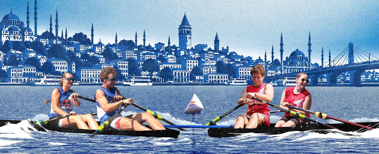Two mixed teams face off in rowing boats tied together by a rope on the Golden Horn, with the Istanbul skyline in the background. (Photo via redbull.com)