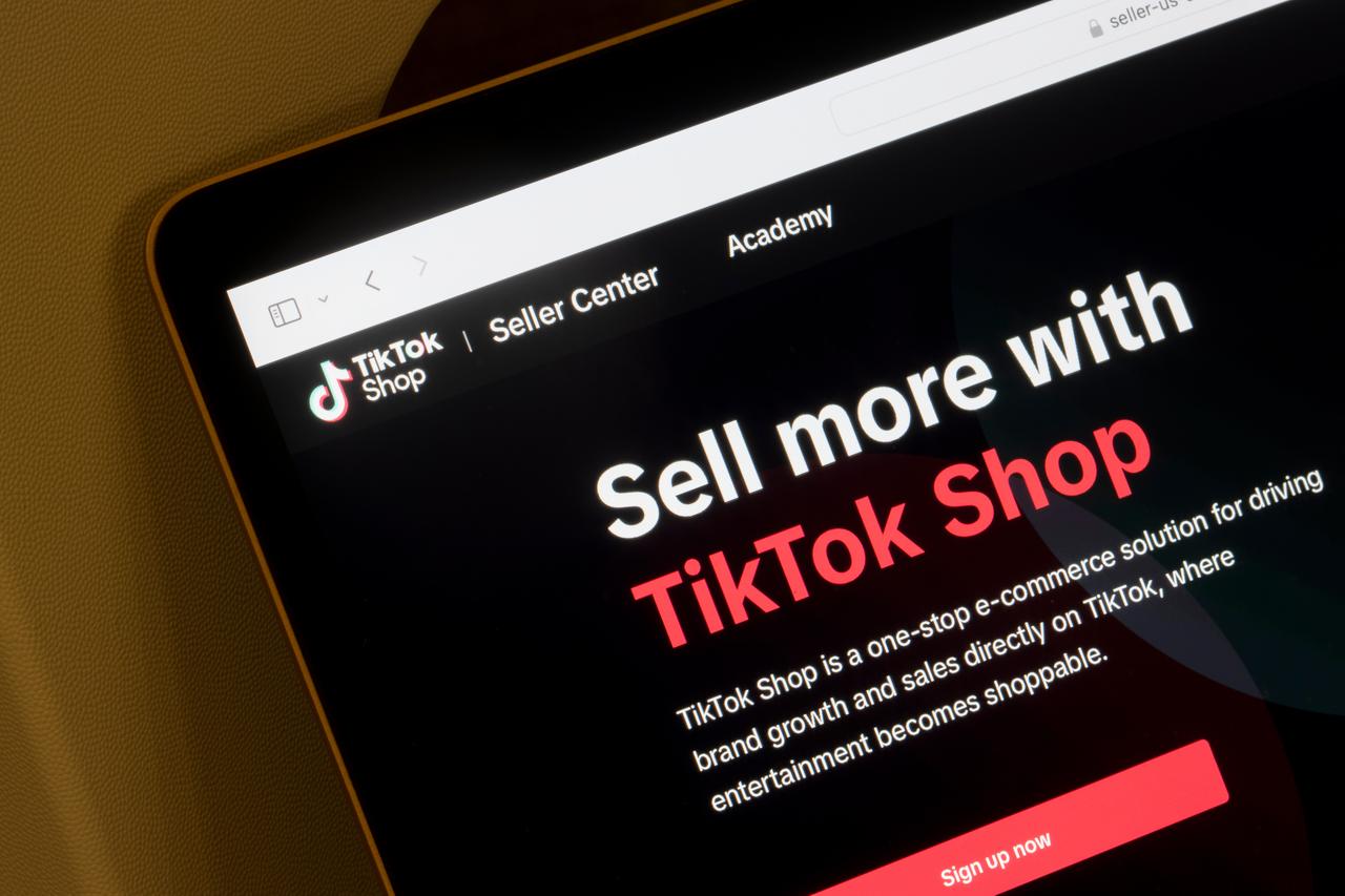 TikTok Shop’s Seller Center webpage is displayed on a tablet, promoting tools for merchants to sell products through the platform. (Adobe Stock Photo)