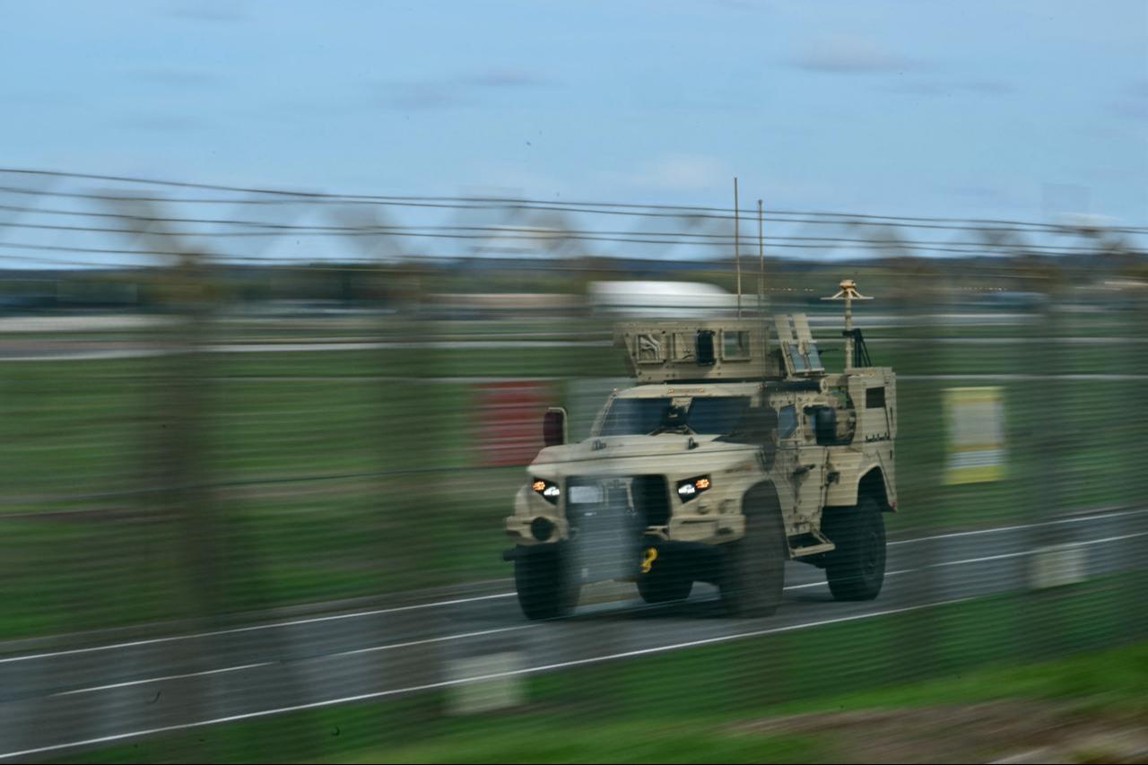 An armored vehicle patrols the interior at RAF Fairford base in Fairford, south-west England, on September 28, 2026. (AFP Photo)