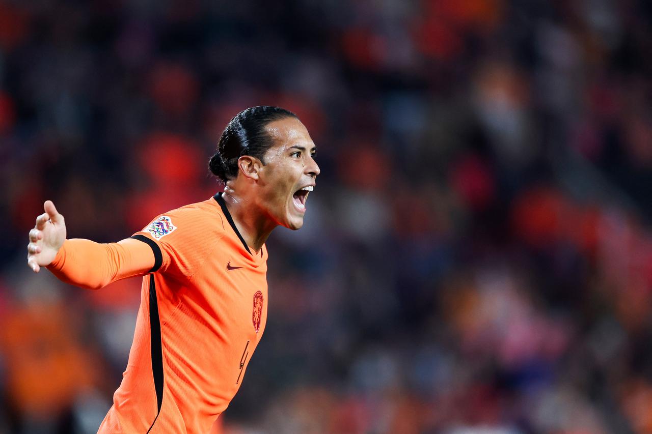 Netherlands' defender #04 Virgil van Dijk reacts during the UEFA Nations League football Group A2 match between the Netherlands and Serbia at the Philips stadium in Eindhoven on October 4, 2026. (AFP Photo)