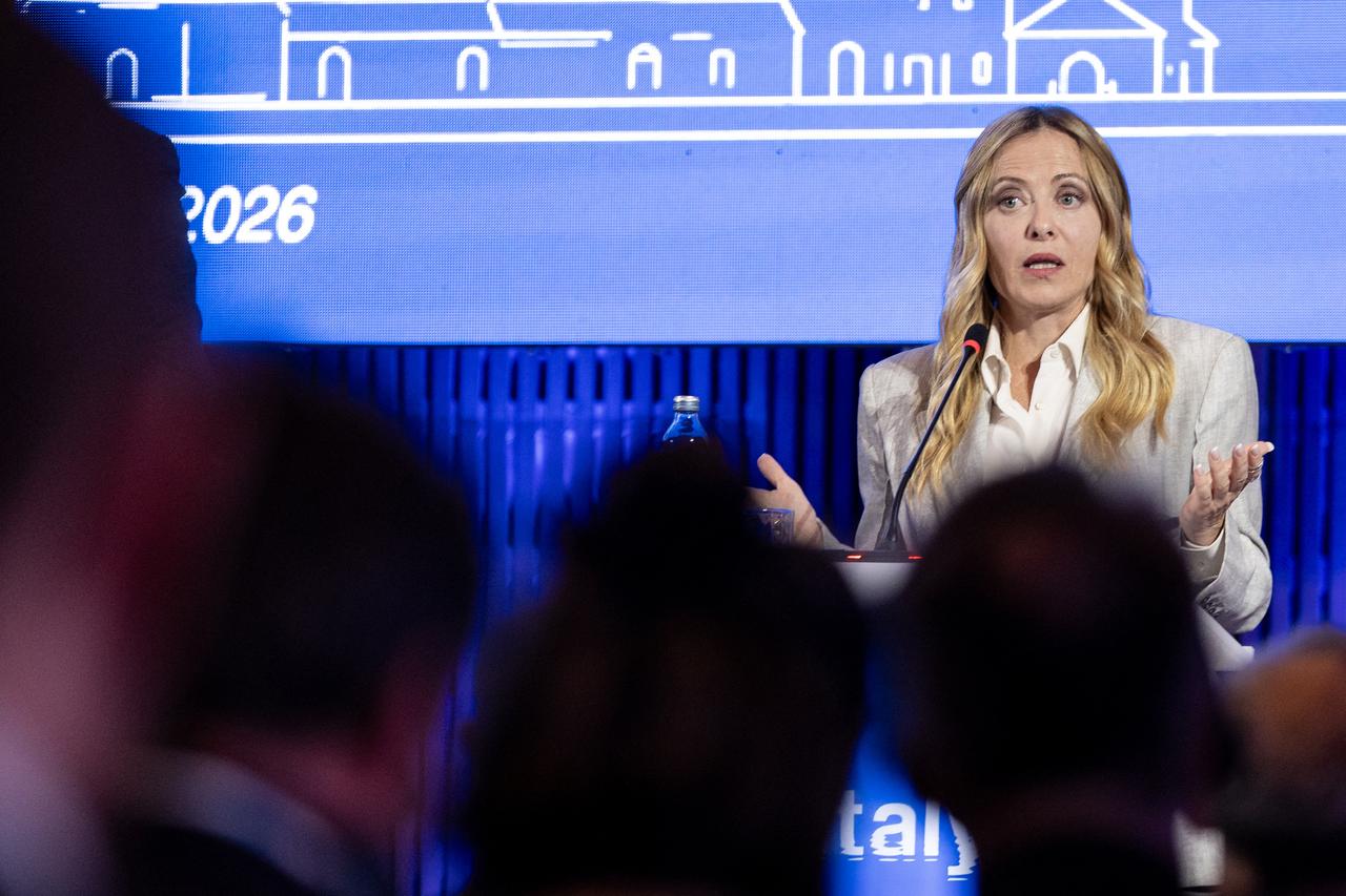 Italy's Prime Minister Giorgia Meloni attends a press conference after work sessions at the MED9 summit in Split on October 7, 2026. (AFP Photo)