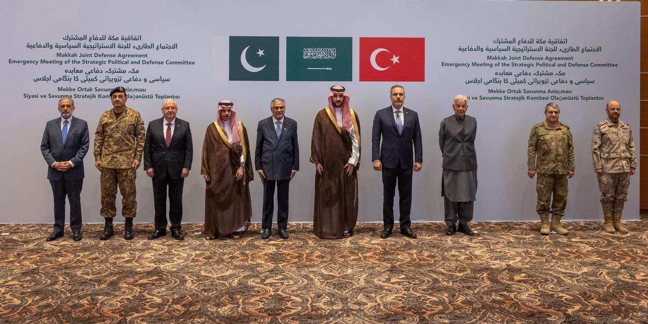 Turkish Foreign Minister Hakan Fidan (4th R) and Turkish Minister of National Defense Yasar Guler (3rd L) attend a meeting of the Strategic Political and Defense Committee, established under the Mecca Joint Defense Agreement, in Riyadh, Saudi Arabia, Oct. 5, 2026. (AA Photo)