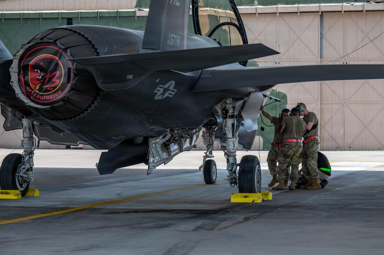 U.S. Air Force Airmen conduct routine maintenance on a U.S. Air Force F-35A Lightning II at Misawa Air Base, Japan, during Tarang Shakti 26 at Jodhpur Air Force Station, India, on Sept. 26, 2026. (Photo via U.S. Air Force)