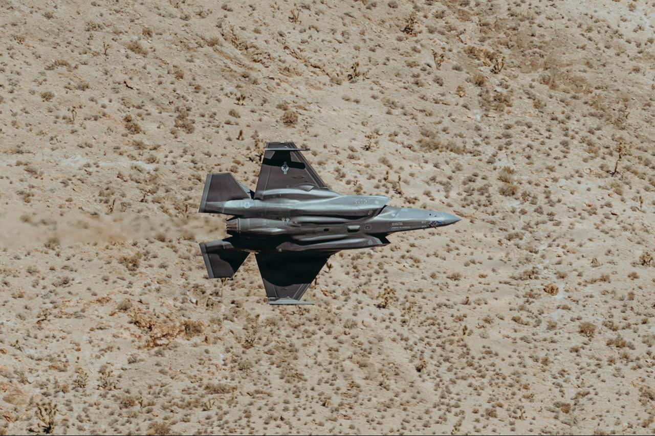 A U.S. Air Force F-35A Lightning II aircraft returns to Nellis Air Force Base, Nevada, after a training mission in the Nevada Test and Training Range, Oct. 6, 2026. (Photo via U.S. Air Force)