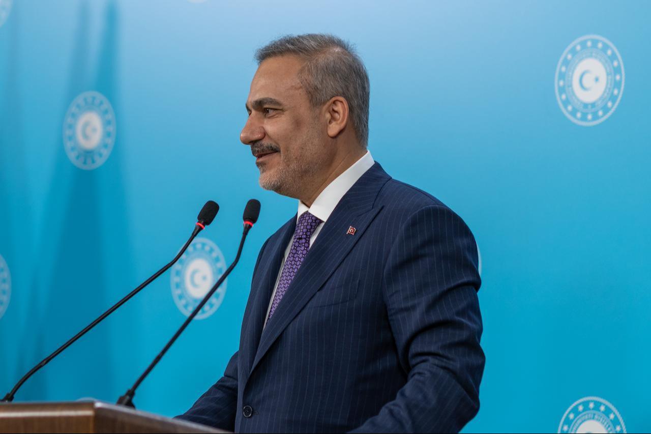 Turkish Foreign Minister Hakan Fidan speaks during a joint press conference with Hungarian Deputy Prime Minister and Foreign Minister Anita Orban following their meeting in Ankara, Turkiye, Oct. 8, 2026. (AA Photo)