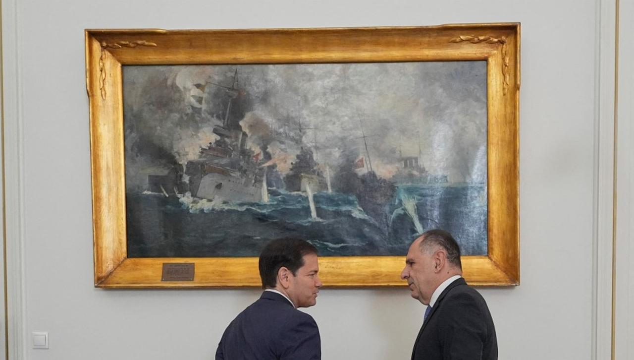 Greek Foreign Minister George Gerapetritis (R) welcomes U.S. Secretary of State Marco Rubio in front of a painting of the 1912 Naval Battle of Elli, a modern victory that stands as a primary source of contemporary national pride rather than ancient heritage. (AFP Photo)