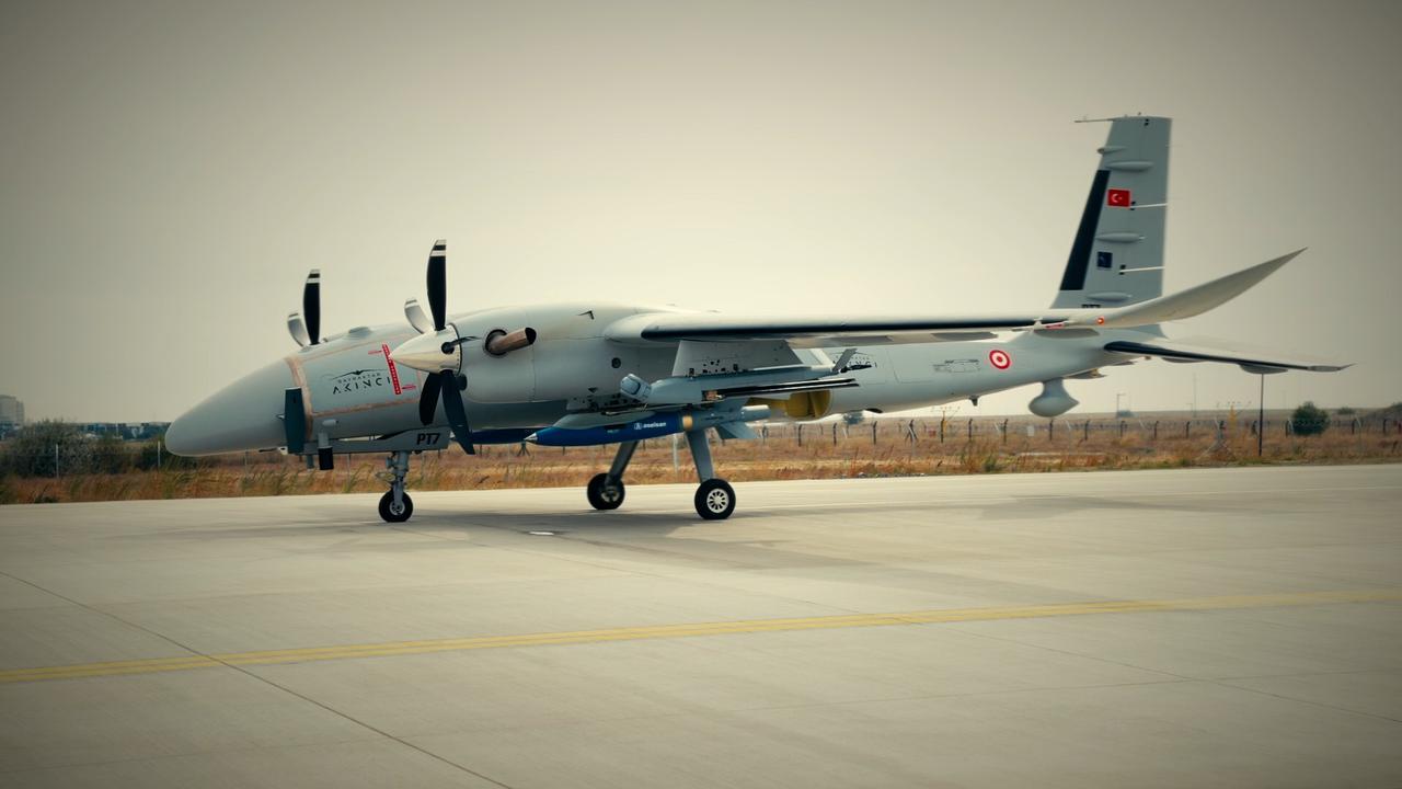 The photo shows Baykar’s Bayraktar Akinci unmanned combat aerial vehicle (UCAV) during a firing test with Aselsan's MORFOZ Guidance Kit on Oct. 9, 2026. (Photo via Baykar/Screengrab/HO)