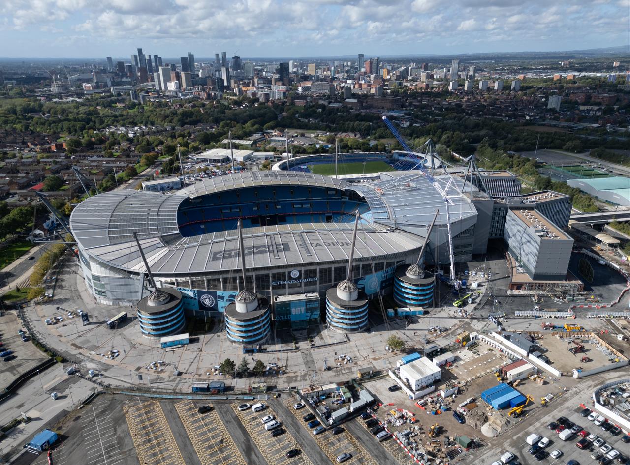 An aerial view shows Manchester City’s Etihad Stadium and surrounding construction works in Manchester, England, Oct. 9, 2026. (AFP Photo)