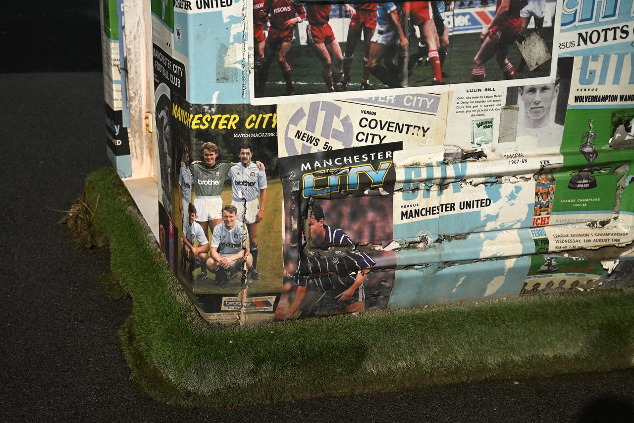 Historic Manchester City match programs and memorabilia are displayed in Manchester, England, Sept. 30, 2026. (AFP Photo)