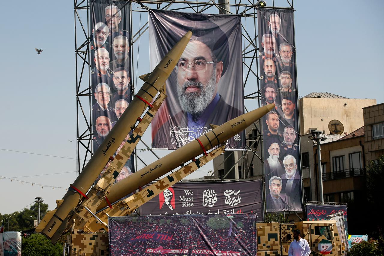 Ballistic missiles, air defense systems and unmanned aerial vehicles are displayed at Baharestan Square as part of Iran's "Sacred Defense Week" amid ongoing tensions in Tehran, Iran, on September 29, 2026. (AA Photo)