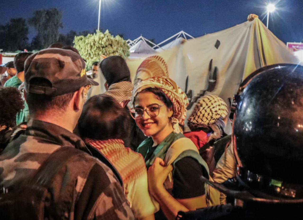 Photo of Sarra during a pro-Palestine protest in the Tunisian capital, Tunis. (Photo via Montassar Seinkez)